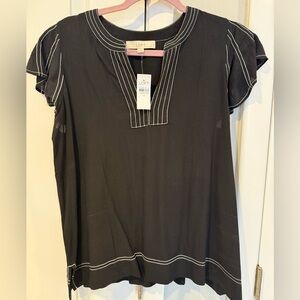 LOFT Black Flutter Short Sleeve Blouse